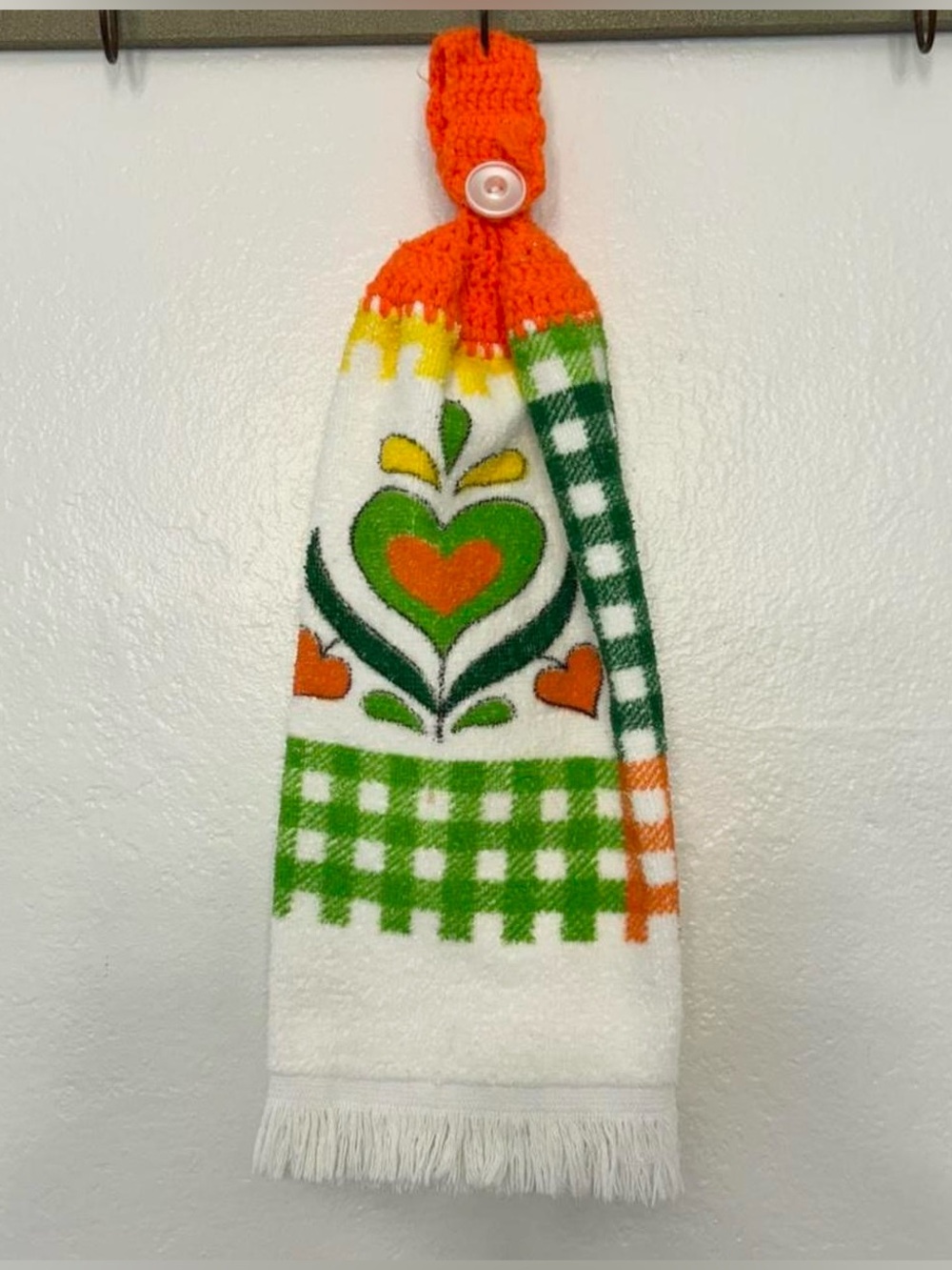 Green + Orange Gingham Heart Print Terrycloth Hand Towel w Crochet Hanger Hook